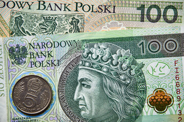 polski banknot i węgierska moneta , Polish banknote and Hungarian coin - obrazy, fototapety, plakaty