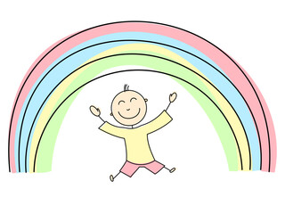 Happy boy smiles under the rainbow. Child's world.