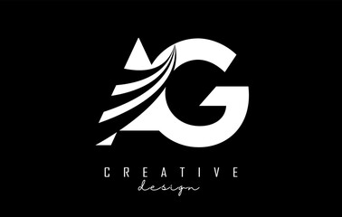 White letters AG a G logo with leading lines and road concept design. Letters with geometric design.