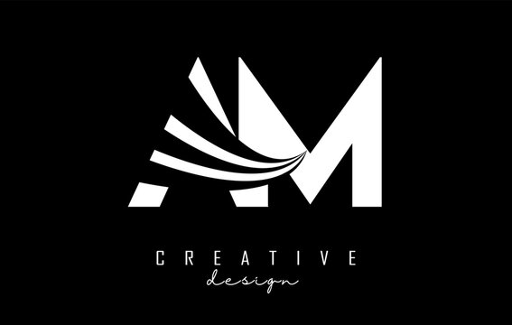 White letters AM A m logo with leading lines and road concept design. Letters with geometric design.