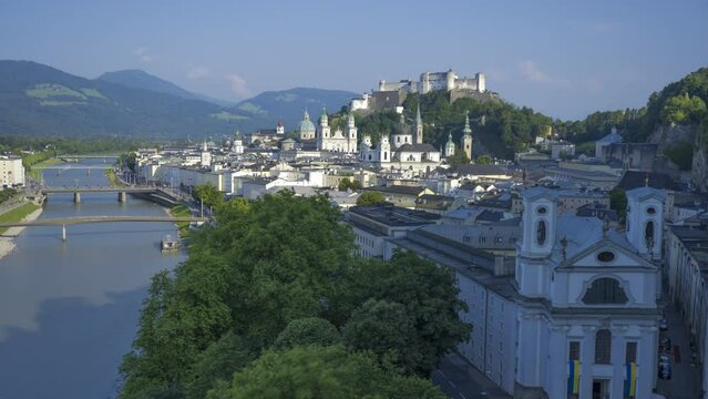 Town of Salzburg during the Salzburg Festival. View from the Alexander Humbold Terrasse turing sundown, TimeLapse Video