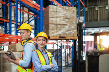 worker person working with safety in warehouse logistic factory, business manufacturing industry occupation concept, goods product box distribution. Storehouse employee in uniform. warehouse worker.