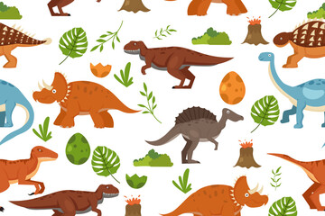 Seamless pattern with dinos and leaves on white background. texture of Jurassic park dinosaurs. cartoon vector illustration for printing © Background_GG