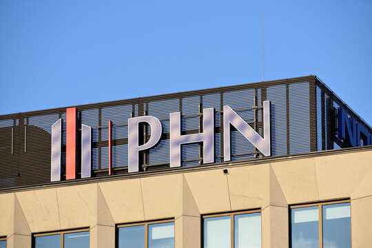 PHN (Polski Holding Nieruchomosci, Polish Real Estate Holding) signage, logo on the facade. WARSAW, POLAND - AUGUST 18, 2021