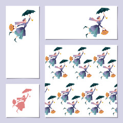 Set of 4 universal cards with а woman in a retro suit, with a large bag in her hand flying with an umbrella
