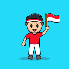 Cute boy holding Indonesian flag cartoon vector icon illustration. 17 August Indonesia Independence Day Concept Design