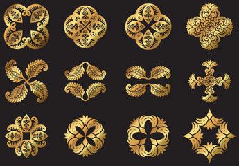 A set of vector vintage decorative gold floral icons and medallions. 