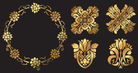 A set of vector vintage gold rose stencil design icons and borders. 