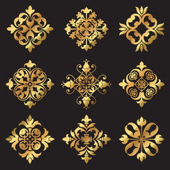 A set of vector gold floral clover shaped decorative icons and medallions.