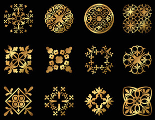 A set of vector vintage gold decorative floral icons and medallions 