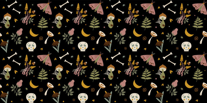 Witchcraft pattern. Dark horror background with human skull, mushroom, mystical mouth, flower moon seamless print. Witch hand drawn symbol Black spooky Halloween vector illustration, horror wallpaper.