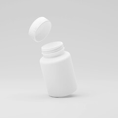 One white supplement bottle mockup. Medicine pill jar, 3D. Medical tablet container white blank. Pharmacy capsule can design, aspirin or antibiotic product illustration