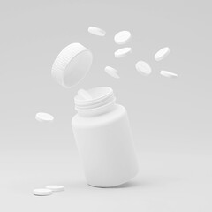 One white supplement bottle with tablets mockup on blue background. Medicine pill jar, 3D. Medical tablet container white blank. Pharmacy capsule can design, aspirin or antibiotic product illustration