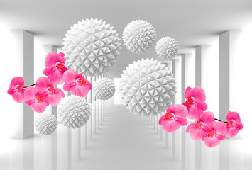 A tunnel with balloons and orchids. 3d image. 3d photo wallpapers. Digital mural.