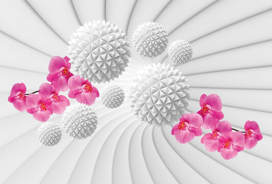 A spirit tunnel with balloons and orchids. 3d photo wallpapers. 3d rendering.