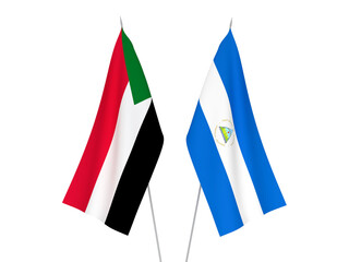 National fabric flags of Sudan and Nicaragua isolated on white background. 3d rendering illustration.