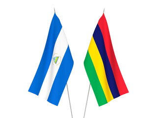 National fabric flags of Republic of Mauritius and Nicaragua isolated on white background. 3d rendering illustration.