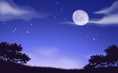 Blue night sky background. Cloud and star in summer dusk. Starry light on black horizon. Deep dark celestial panorama. Nature landscape. Scenic skyline and moonlight. Vector background