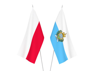 National fabric flags of San Marino and Poland isolated on white background. 3d rendering illustration.