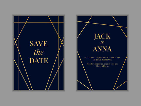 Wedding card with gold border geometric frames. Fashion luxury modern minimal design. Golden marble template. Marriage invitation. Bridal banners collection. Vector background pattern