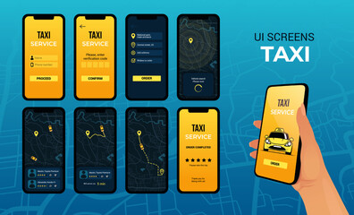 Navigator map application. UI mobile app for taxi service. Phone screen design set. Car route and location pin icon. Online interface of traffic. Vector smartphone display template © SpicyTruffel