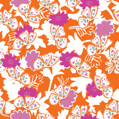 Flying Butterflies Layer on silhouette  Flowers ,leaves Seamless pattern Vector illustration