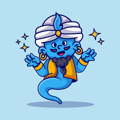 Character design genie cartoon vector icon. Fairy Arabain genie in turban Magic fantasy capable of granting wishes icon concept. Flat cartoon style - obrazy, fototapety, plakaty