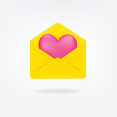 3d open envelope letter with pink heart isolated. Love message on social media concept.