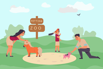 Adopted pets. People taking animals from vet clinics or dog shelter. Happy characters play with horse and pig. Boy feeding parrot. Zoo petting. Nature landscape. Vector cartoon illustration