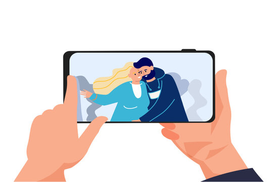 Family photo. Couple embrace photography on mobile screen. Hands holding smartphone. Man and woman together portrait. Human arms with phone. Happy people snapshot. Vector illustration