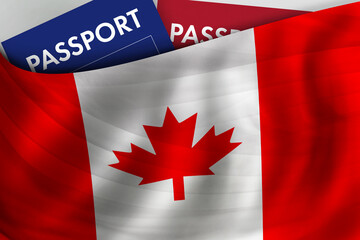 Canadian flag background and passport of Canada. Citizenship, official legal immigration, visa,...