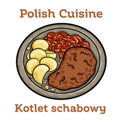 Kotlet Schabowy. Pork cutlet coated with breadcrumbs with potatoes and cabbage