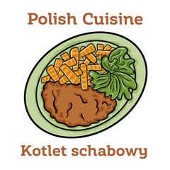 Kotlet Schabowy. Pork cutlet coated with breadcrumbs with potatoes and cabbage - obrazy, fototapety, plakaty