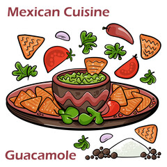 Green guacamole with ingredients avocado, lime and nachos on white background. Traditional mexican food.