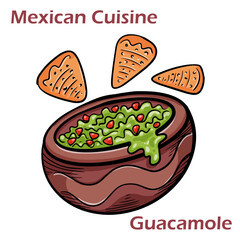 Green guacamole with ingredients avocado, lime and nachos on white background. Traditional mexican food.