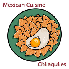 Mexican green chilaquiles with fried egg, chicken and spicy sauce. Traditional breakfast in Mexico