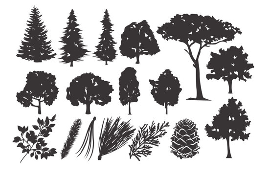 Set of vector black and white illustrations trees 