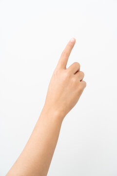 Women hand pointing on white background