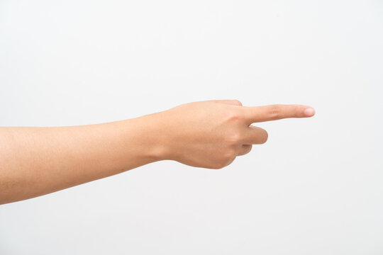 Women hand pointing on white background
