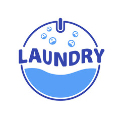 Laundry logo concept in blue. Icon washing machine concept with bubbles for business clothes wash cleans. Modern template for your design on white background. EPS10.