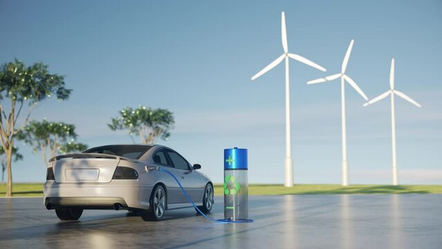 3D electric car charging at the park with windmill animation in background.