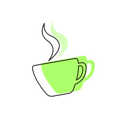 Simple vector icon logo design of hot green tea cup. Lines on white background isolated.