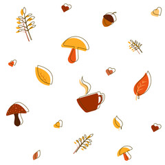 Simple white autumn background with fall elements and lines. Repeated pattern. Autumn leaves, mushrooms, hearts, hot coffee. For wallpaper, gift paper, pattern fills, fall greeting cards.