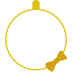 golden Christmas ball with ribbon. Holiday frame, gold colours.