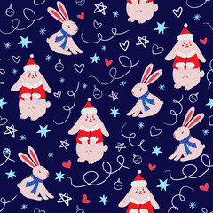 Decorative Christmas pattern with cute Christmas rabbits and decorative doodle elements