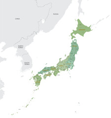 Detailed map of Japan with administrative divisions into regions and prefectures, major cities of the country, vector illustration onwhite background