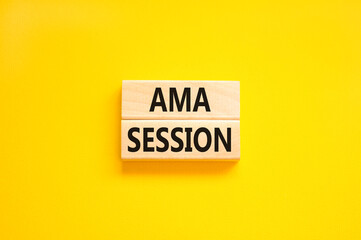 AMA ask me anything session symbol. Concept words AMA ask me anything session on wooden blocks on a beautiful yellow background. Business and AMA ask me anything session concept. Copy space. - obrazy, fototapety, plakaty