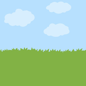 Green field with grass. Lawn with bushes and sky. Background for nature