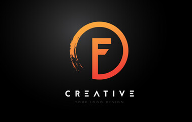 Orange F Circular Letter Logo with Circle Brush Design and Black Background.