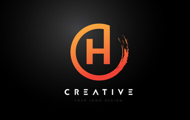 Orange H Circular Letter Logo with Circle Brush Design and Black Background.